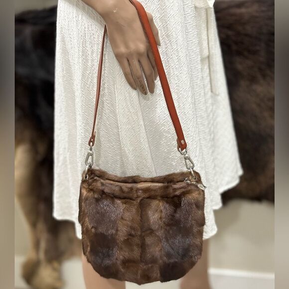 Natural Brown Handmade Real Mink Fur Half Moon Shoulder Bag/Crossbody - Picture 6 of 16